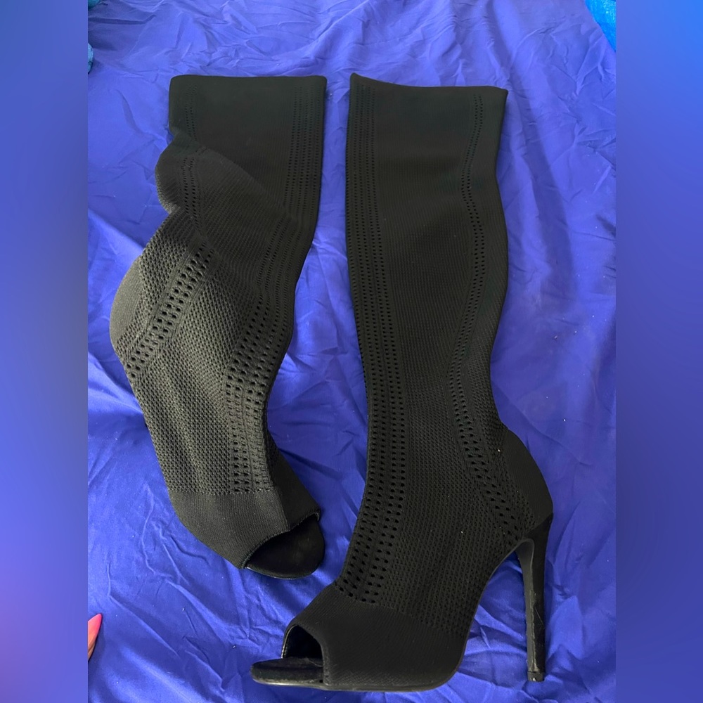 6.5 black fabric over the knee boots
